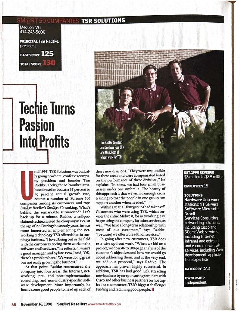 Scanned Sm@rt Reseller article from November 16, 1998, titled Techie Turns Passion Into Profits, featuring TSR Solutions and Tim Radtke.