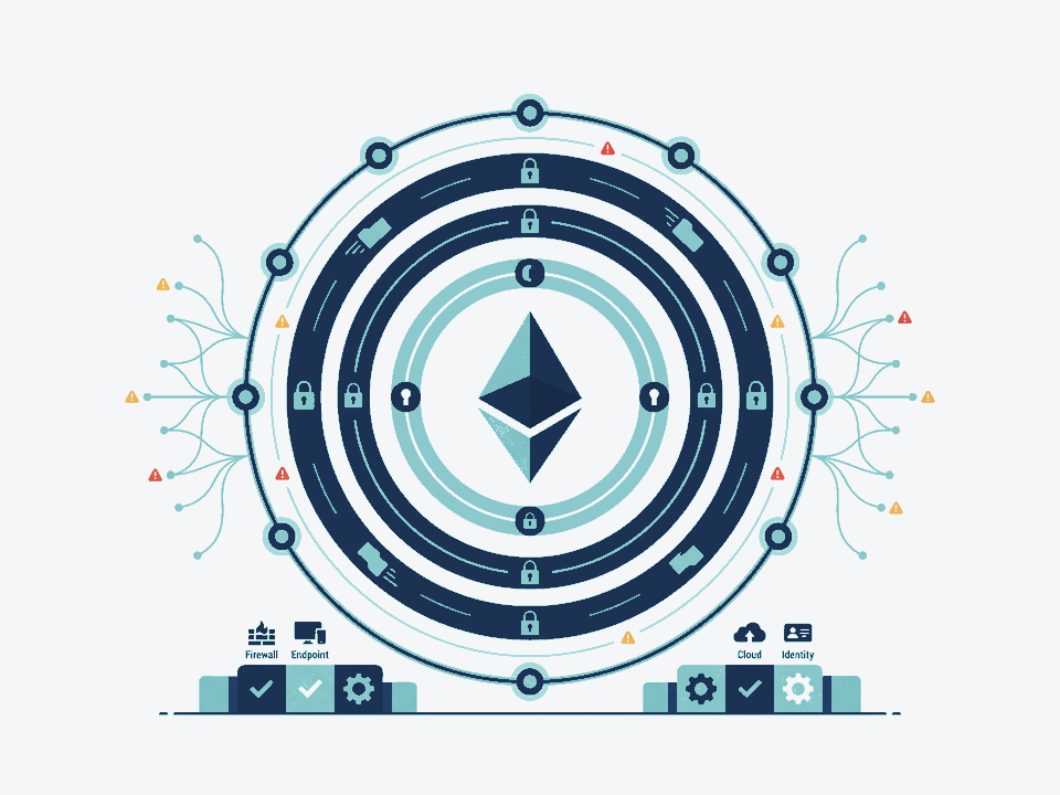 Abstract cybersecurity illustration with layered shield forms in TSR brand blue.